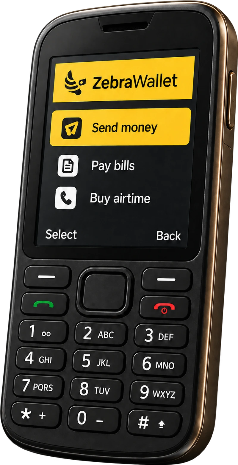 Feature phone displaying the ZebraWallet app with Send money, Pay bills and Buy airtime