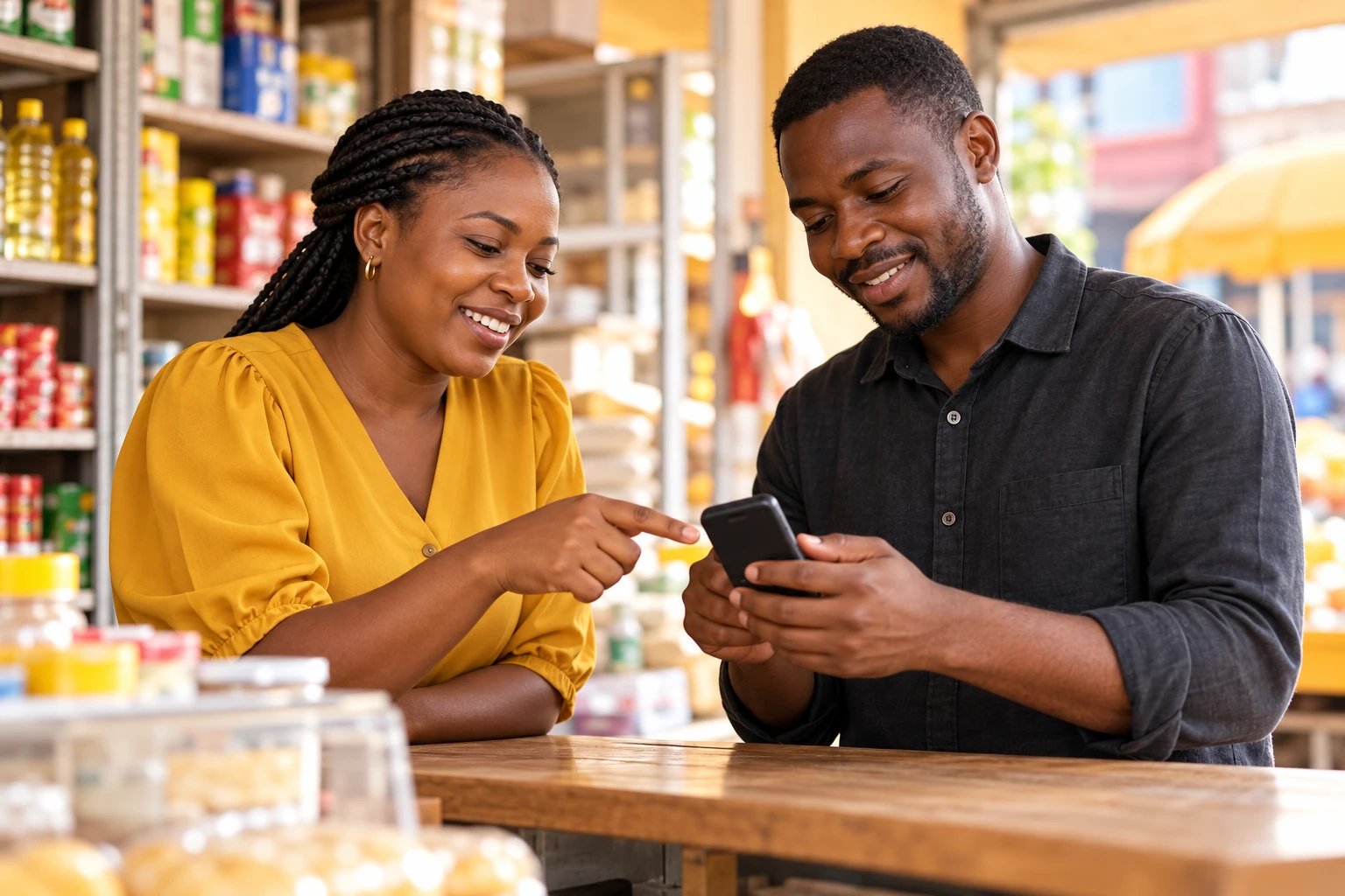 Illustrative Nigerian shop owners using a feature phone together